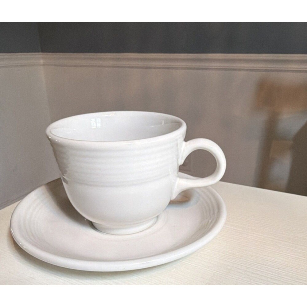 Fiesta White Ceramic Coffee Cup & Saucer Set 10 oz Lead-Free